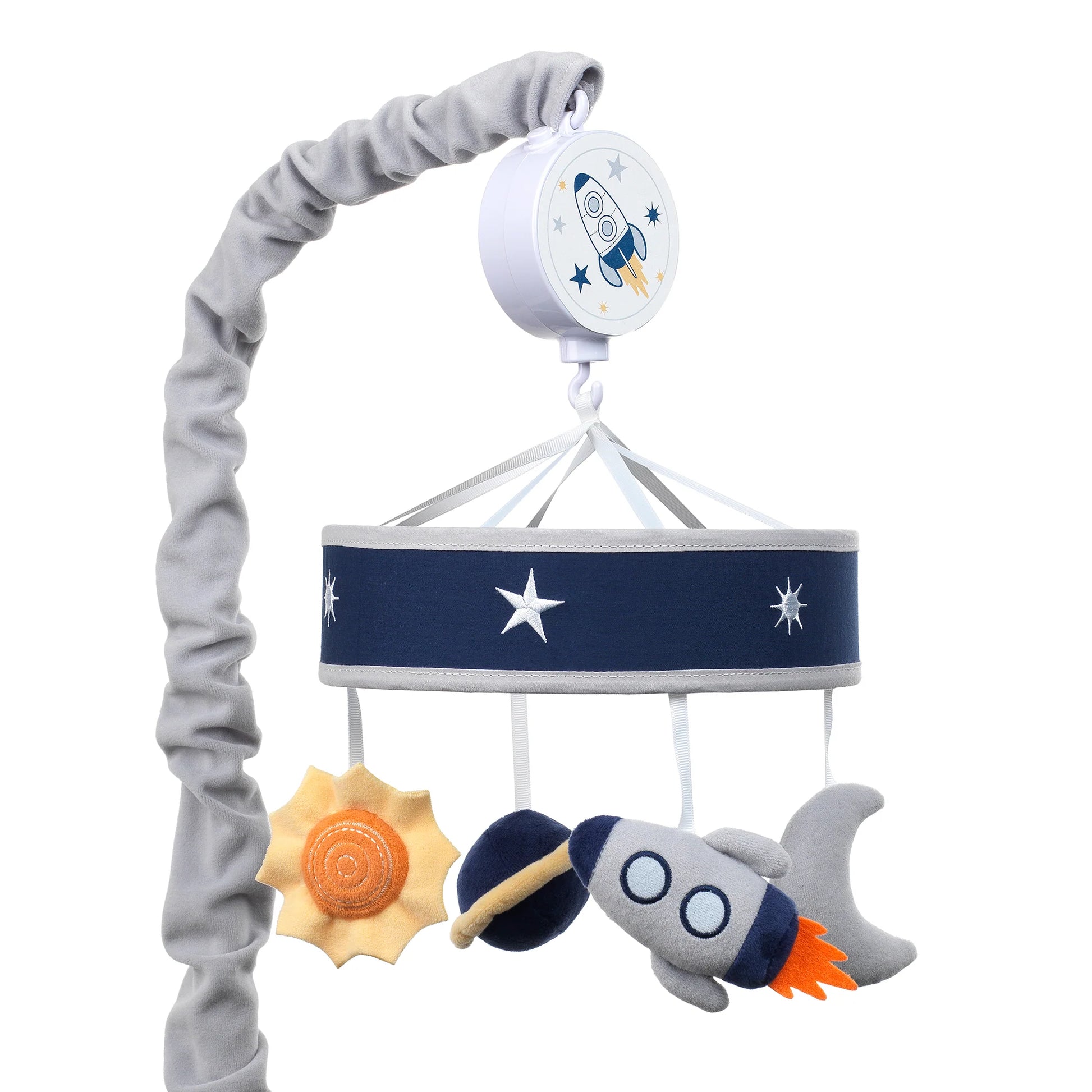 Baby mobile with space-themed toys including a rocket, sun, and moon on a white background.