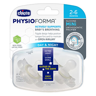 Chicco PhysioForma Glow in the Dark Mini chupeta ortodôntica 0-6 meses, 2 unidades transparentes