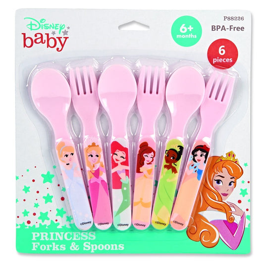 Juego de tenedor y cuchara de plástico de Disney Baby Princes, paquete de 6