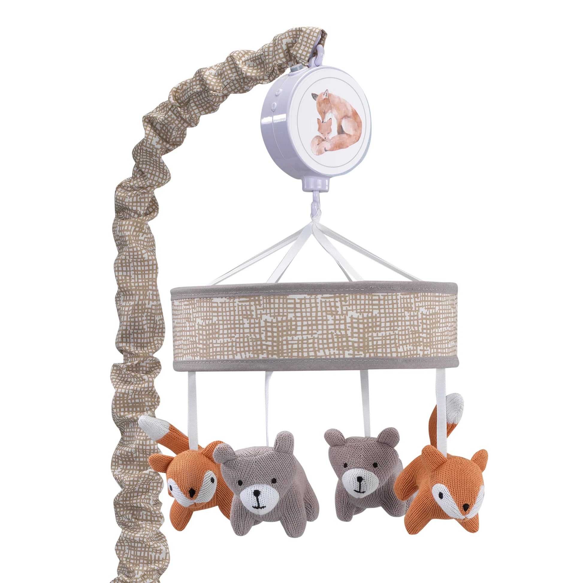Baby crib mobile with animal plush toys and a circular light fixture on a white background