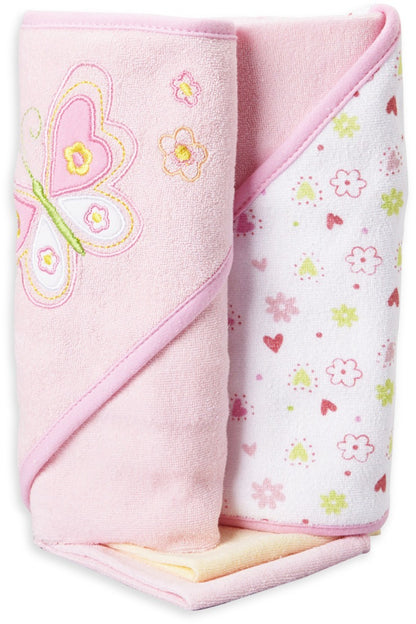 Spasilk Hooded Towel & Washcloths, 4PC Set - Pink Butterfly