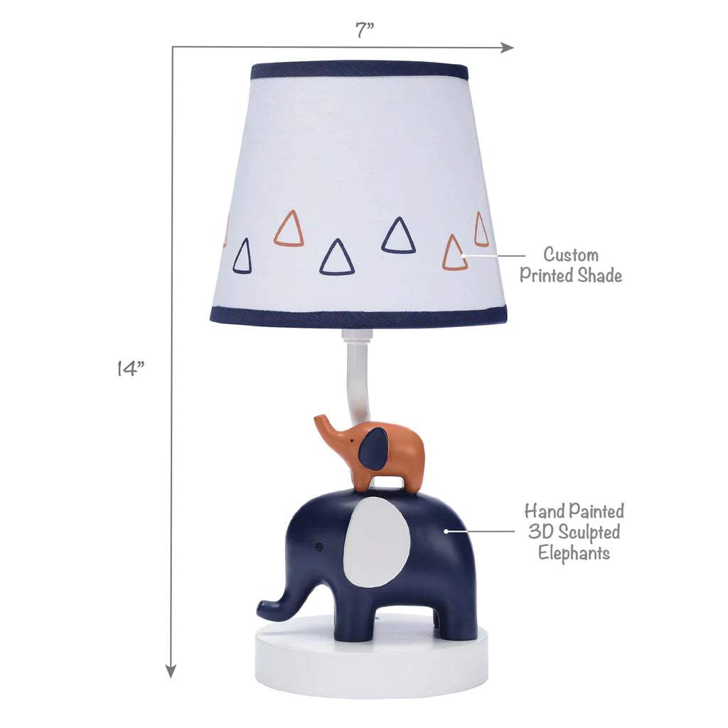 Playful Elephant Blue/White Nursery Lamp with Shade and Light Bulb