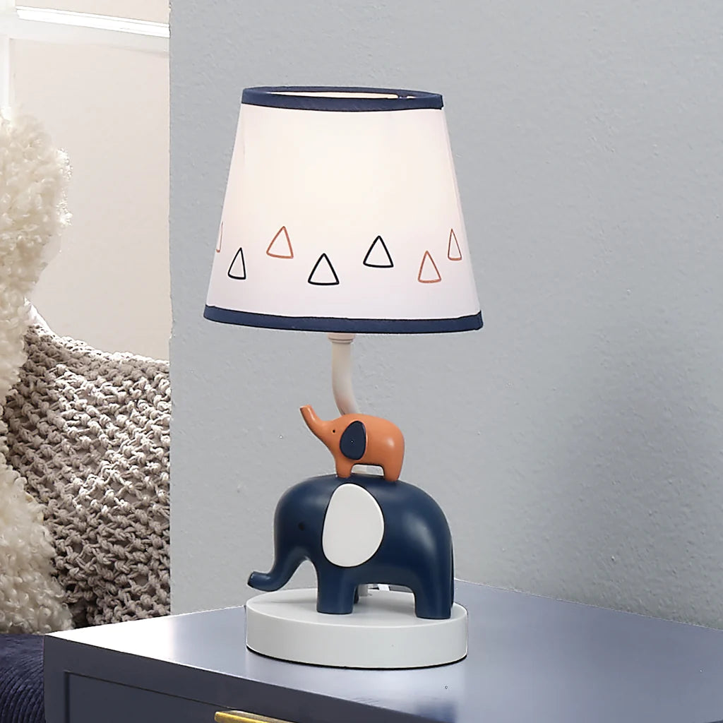 Playful Elephant Blue/White Nursery Lamp with Shade and Light Bulb