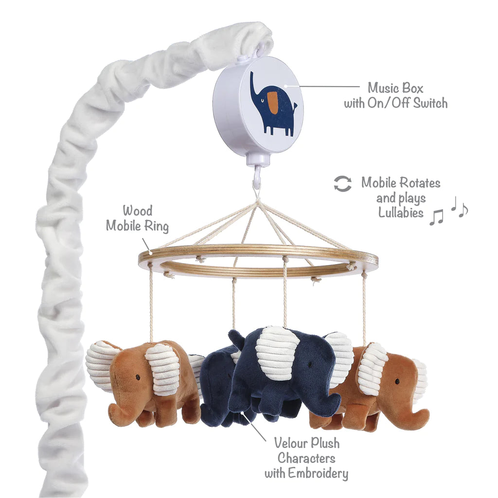 Playful Elephant Blue/White Musical Baby Crib Mobile Soother Toy