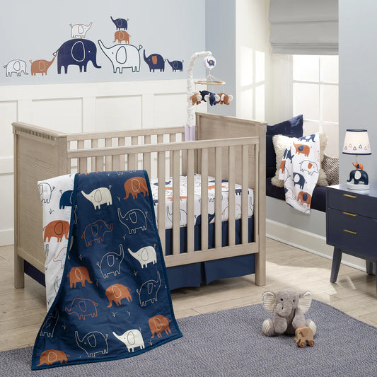 Playful Elephant Blue/White 3-Piece Nursery Baby Crib Bedding Set