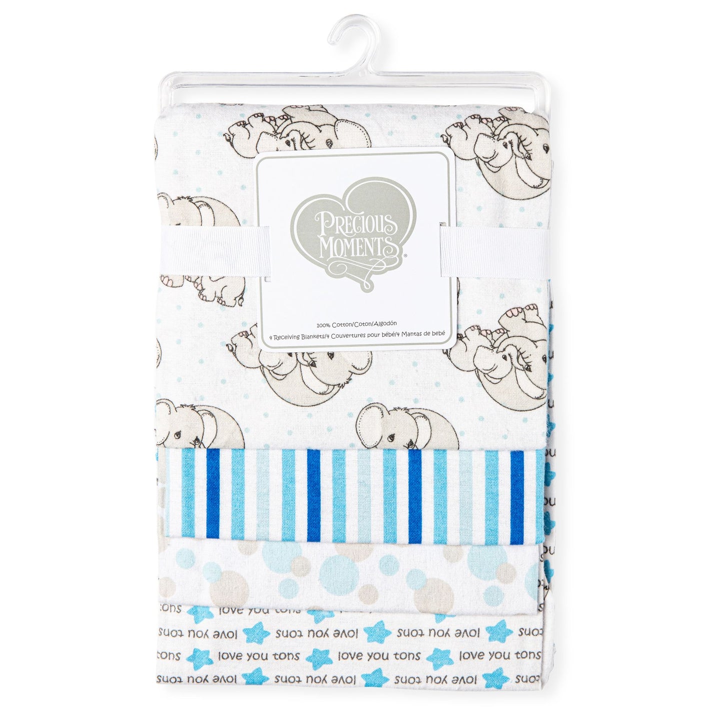 Precious Moments 4 Pack Love You Tons Flannel Receiving Blankets Blue Elephant