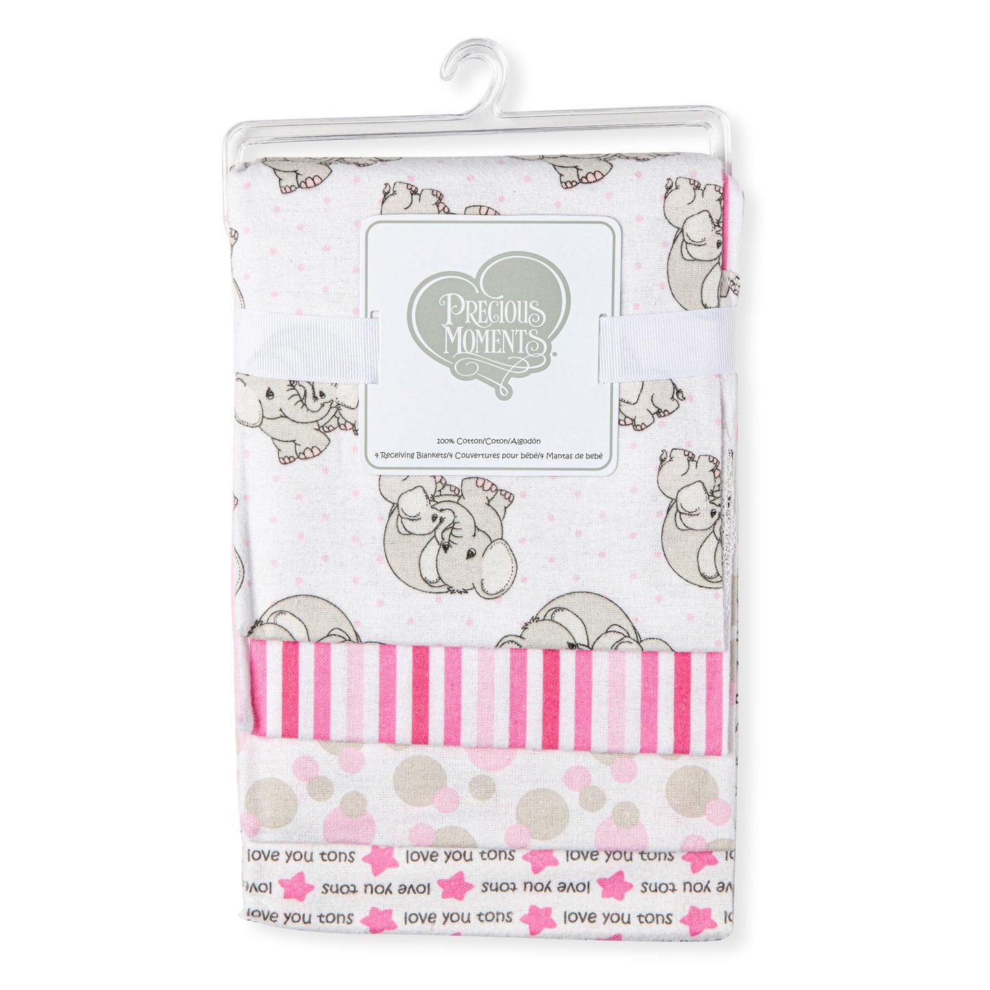 Precious Moments Love You Tons Flannel Receiving Blankets 4-Pack - Pink Elephant