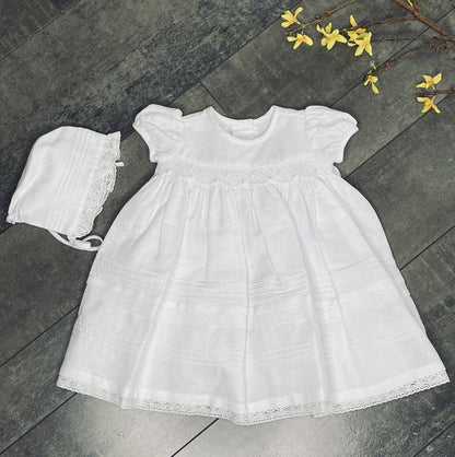 Karela White Linen Christening Dress with Bonnet