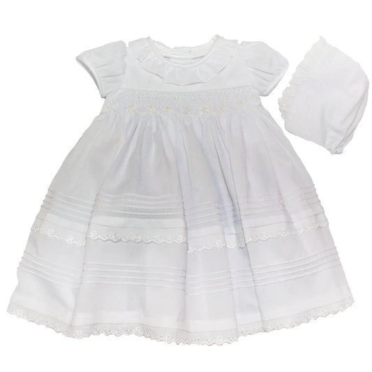 Karela White Linen Christening Dress with Bonnet