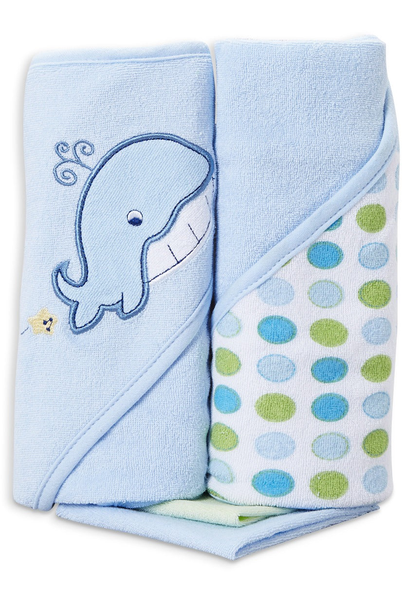 Spasilk Hooded Towel & Washcloths, 4PC Set - Blue Whale