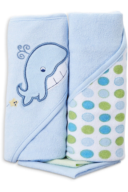 Spasilk Hooded Towel & Washcloths, 4PC Set - Blue Whale