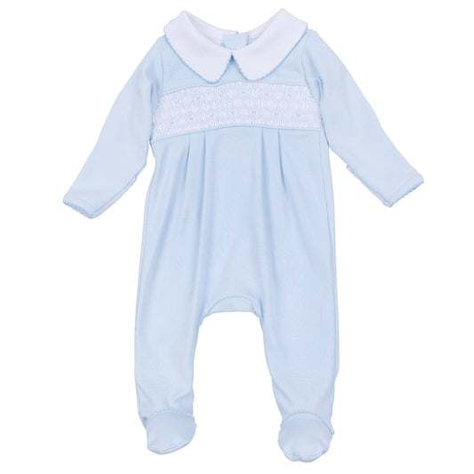 Light blue baby onesie with a white collar on a white background