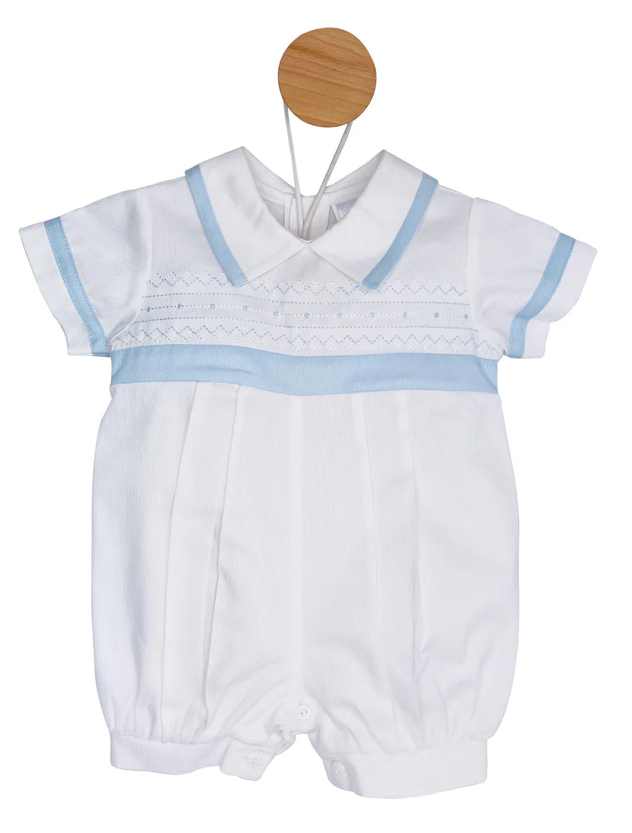 Karela White Pique Bubble romper with blue embroidery